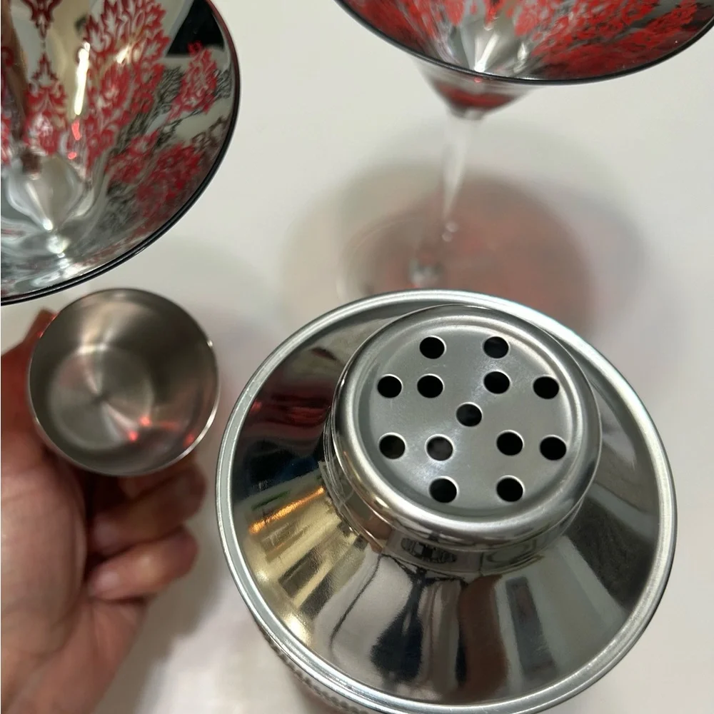 NWT BEAUTIFUL 4 PIECE BARWAR SET  icebucket/shaker/2brocade martini glasses